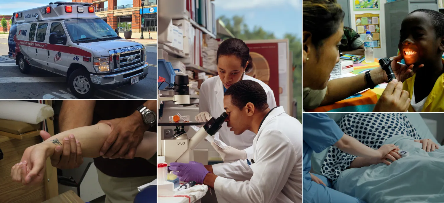 A collage showing an ambulance, researchers using a microscope, a provider examining a child, a physical therapist stretching a patient’s arm, and a nurse sitting with a patient.