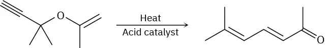 A reactant having triple bond at C 1, two methyl groups at C 3, oxygen atom, and alkene at C 4 reacts with heat and acid catalyst to form dieneone.