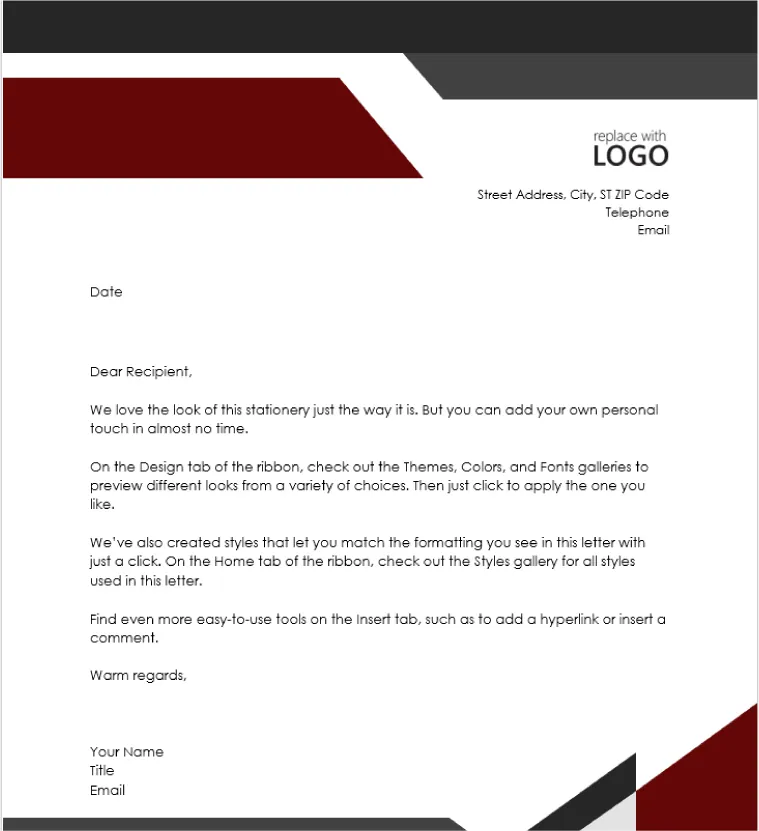 A letterhead template with geometric designs is displayed. The top right corner has space for inserting a Logo, Address, and Email. The body of the template is in business letter format.