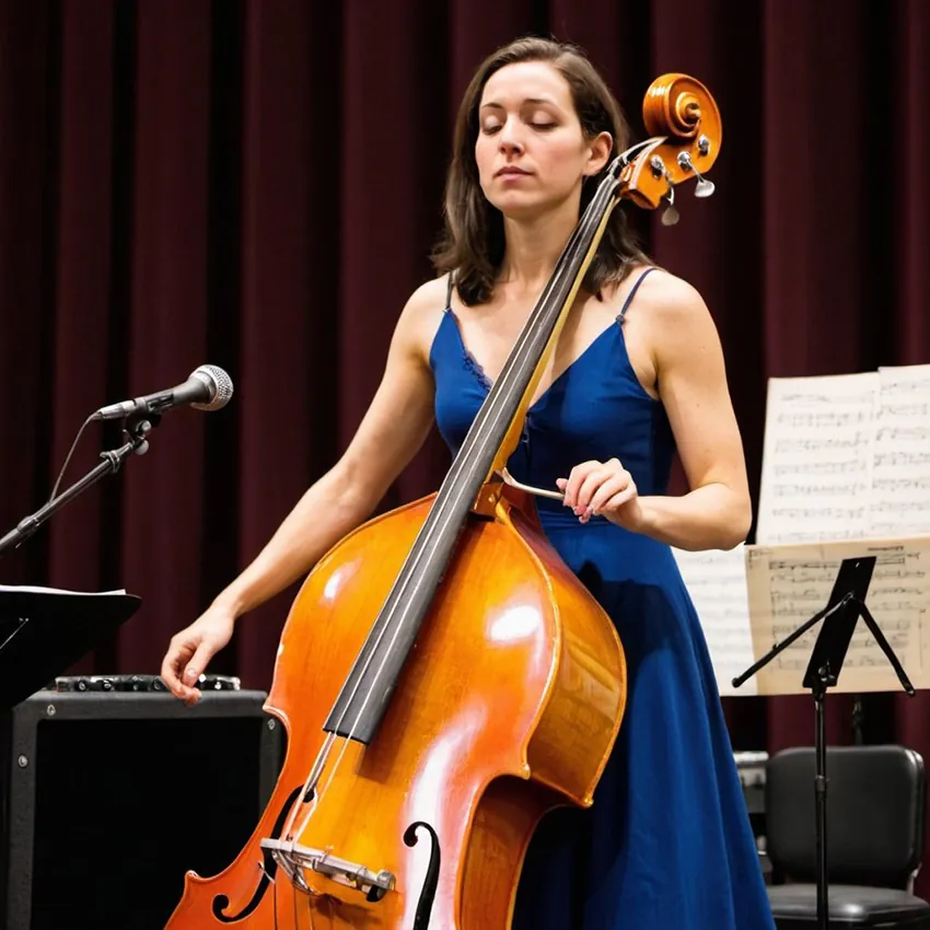 Image of a woman playing a bass that was created by artificial intelligence. There are numerous details that do not make sense such as a misshapen hand, the number of strings, and the lack of a bow to play the instrument.