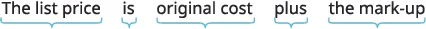 A graphic displays the formula 'The list price is original cost plus the mark-up,' with each component of the phrase underlined and connected by blue brackets. It illustrates how retail prices are determined.