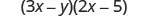 The product of two binomials, 3 x minus y and 2 x minus 5.