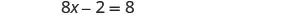 A mathematical equation is displayed on a white background, which reads '8x - 2 = 8'. The equation is presented clearly and centrally.