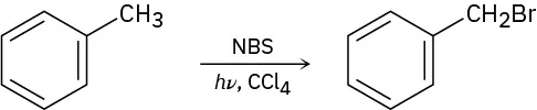 Toluene reacts with N-bromosuccinimide, light, and carbon tetrachloride to form benzyl bromide.