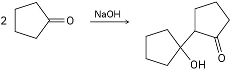 Two molecules of cyclopentanone react with sodium hydroxide to yield a product in which a cyclopentanol ring is bonded with a cyclopentanone ring via carbonyl condensation.