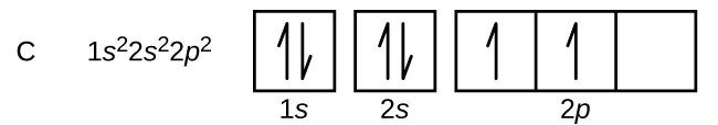 In this figure, the element symbol C is followed by the electron configuration, “1 s superscript 2 2 s superscript 2 2 p superscript 2.” The orbital diagram consists of two individual squares followed by 3 connected squares in a single row. The first blue square is labeled below as, “1 s.” The second is similarly labeled, “2 s.” The connected squares are labeled below as, “2 p.” All squares not connected to each other contain a pair of half arrows: one pointing up and the other down. The first two squares in the group of 3 each contain a single upward pointing arrow.