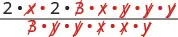 A mathematical fraction showing simplification. Common factors like 'x', 'B', and 'y' are struck through in red from both the numerator and denominator, illustrating term cancellation.