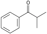 Benzene is bonded to a three-carbon chain, in which C 1 is a carbonyl group. C 2 is bonded to a methyl group.