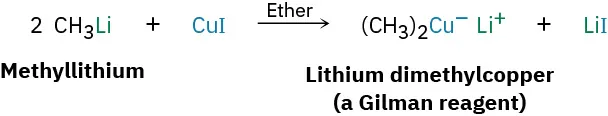 The reaction of 2 equivalents of methyllithium with copper iodide in ether forms lithium dimethylcopper (a Gilman reagent) and lithium iodide.