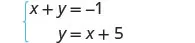 A system of two linear equations is displayed. The first equation is x + y = -1, and the second equation is y = x + 5. A light blue brace on the left groups the two equations together.