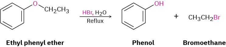 Ethyl phenyl ether reacts with hydrogen bromide and water under reflux, to yield phenol and bromoethane.