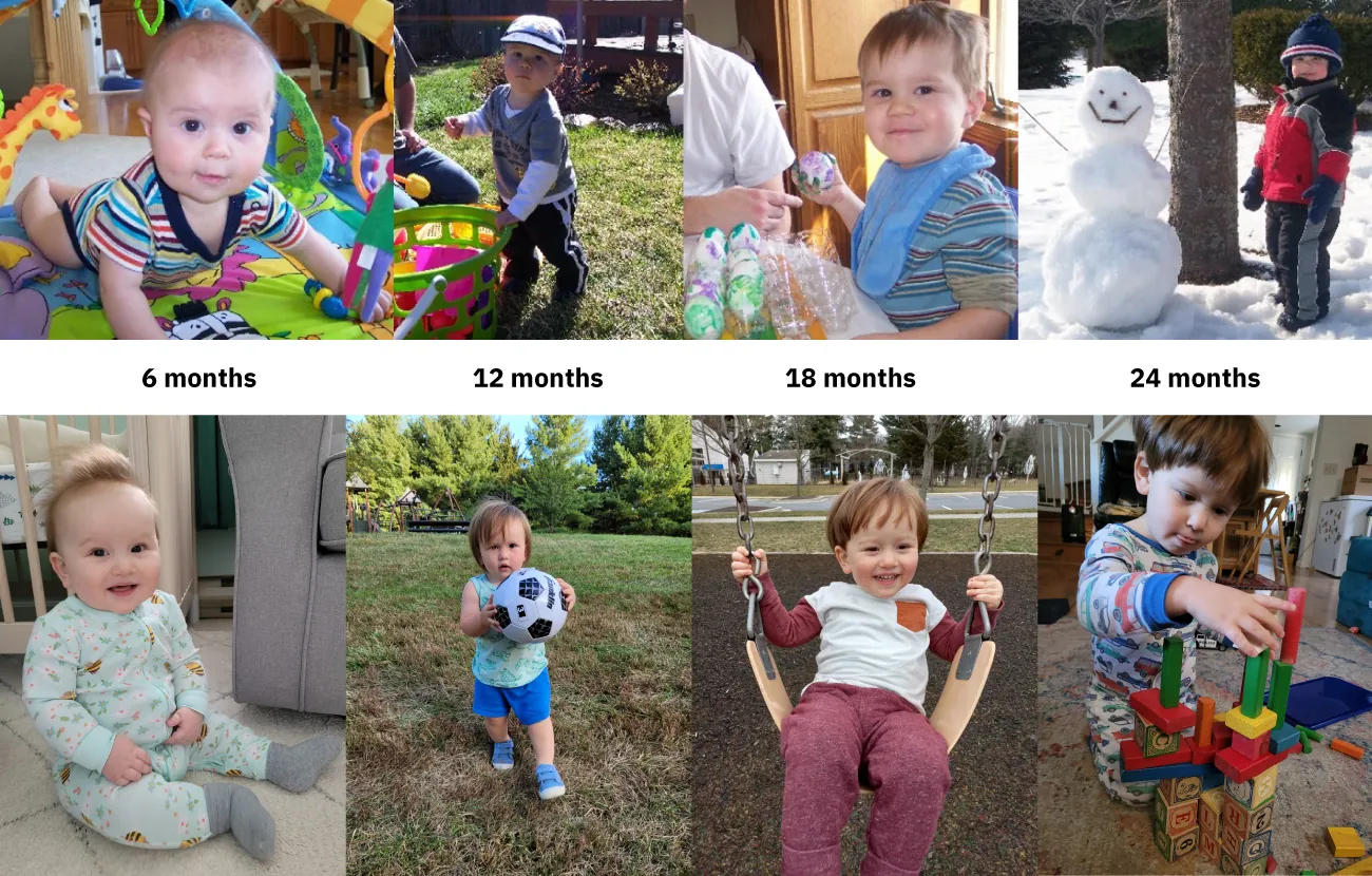 Photos of (6 months) infant crawling on play mat and infant sitting, (12 months) young toddlers outside, (18 months) older toddler dyeing eggs, older toddler in a swing; (24 months) child with snowman and child playing with blocks.