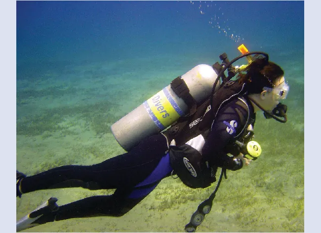 This photograph shows a scuba diver underwater with a tank on his or her back and bubbles ascending from the breathing apparatus.