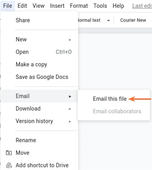 File tab options: Share, New, Open, Make a copy, Save as Google Docs, Email, Download, Version history, Rename, Move, Add shortcut to Drive. Email (selected) options: Email this file (selected), Email collaborators.