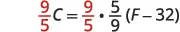 An equation (9/5)C = (9/5) * (5/9)(F - 32), showing a step in temperature conversion. Red numbers highlight fractions being multiplied on both sides.