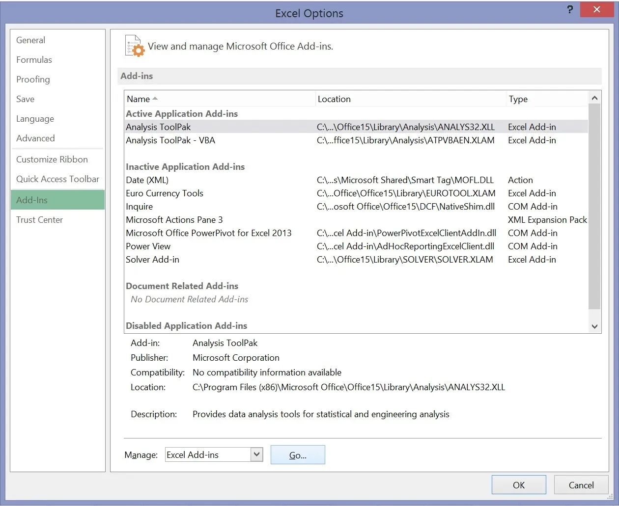 The 'Excel Options' menu in Microsoft Excel with 'Add-Ins' options shown.
