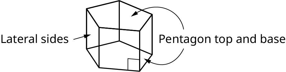 A pentagonal prism. The top and base of the prism show a pentagon. The lateral sides are also labeled.