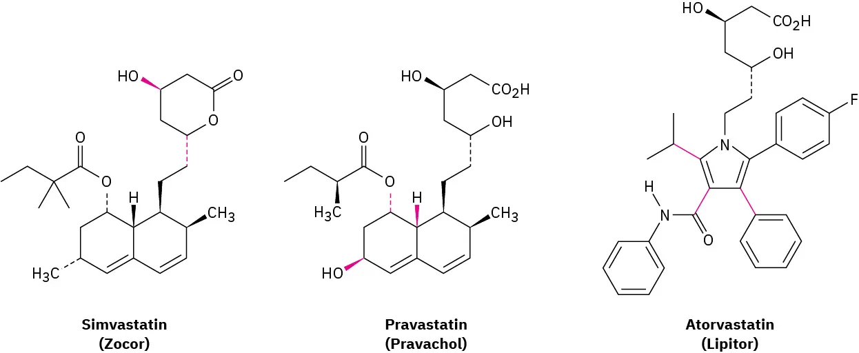 The structures of simvastatin (Zocor), pravastatin (Pravachol), and atorvastatin (Lipitor).