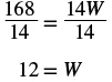 A mathematical equation shows 168 divided by 14 equals 14W divided by 14. Below this, the solution is shown as 12 equals W, indicating the variable W has been solved for.