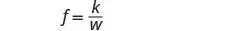 A mathematical formula is shown on a white background, reading f = k/w. This equation represents a relationship where f is inversely proportional to w, with k as the constant of proportionality.