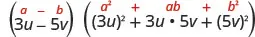 An algebraic expression demonstrating the difference of cubes formula: (a - b)(a^2 + ab + b^2) = a^3 - b^3, with 'a' represented by 3u and 'b' by 5v.