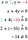 The image demonstrates checking if x=2 and y=-4 satisfy the equation x + 4y = 8, showing that -14 does not equal 8, thus proving they are not solutions.