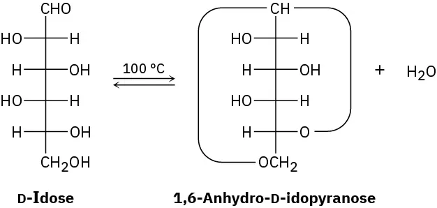 Fischer projection of D-idose, two hydroxyl groups on the left at C2, C3, two hydroxyl groups on the right at C3, C5  in equilibrium with idopyranose and water. 
