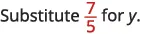 The text 'Substitute 7/5 for y.' is displayed, instructing to replace the variable 'y' with the fraction seven-fifths. The fraction is highlighted in red.