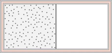 The figure shows a container which is filled with gas on the left half and is empty on the right half.