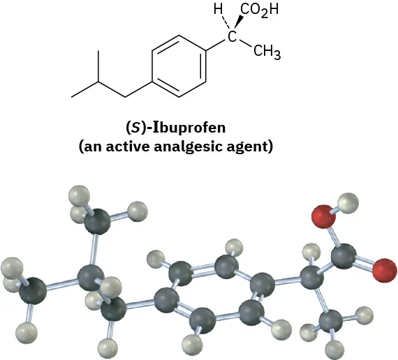 The structure and ball-and-stick model of (S)-Ibuprofen (an active analgesic agent). Gray, black, and red spheres represent hydrogen, carbon, and oxygen, respectively.