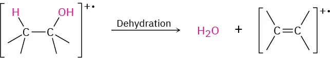 The dehydration of an aliphatic alcohol radical cation yields water and an alkene radical cation.