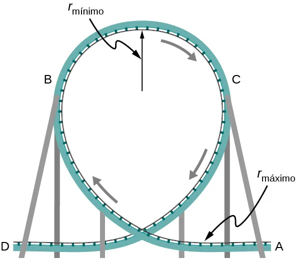 Ilustración de un giro circular de una montaña rusa. El radio de curvatura es menor en la parte superior que en los laterales y la parte inferior. El radio del giro circular en la parte superior se muestra y está marcado como r sub mínimo. El radio en la parte más baja del giro circular está marcado como r sub máximo. La pista está en la superficie interior del giro circular. El movimiento se indica con flechas: comienza a nivel del suelo a la derecha del giro circular, sube por el interior del giro circular a la izquierda, luego baja por el interior a la derecha del giro circular, y sale de nuevo a nivel del suelo a la izquierda. Cuatro lugares sobre la pista, A, B, C, y D y B, están marcados. El punto A está a nivel del suelo, a la derecha del giro circular, donde la pista es recta y horizontal. El punto B se encuentra a mitad de camino en el lado izquierdo del giro circular. El punto C se encuentra a mitad de camino en el lado derecho del giro circular, al mismo nivel que el punto B. El punto D está a nivel del suelo, a la izquierda del giro circular, donde la pista es recta y horizontal.