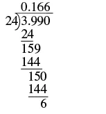 A long division calculation showing 3.990 divided by 24, yielding a quotient of 0.166 with a remainder of 6.