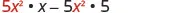 A mathematical expression 5x^2 * x - 5x^2 * 5 is displayed on a white background, with numbers and the first x in red, and the multiplication dots, second x, minus sign, and second 5 in black.