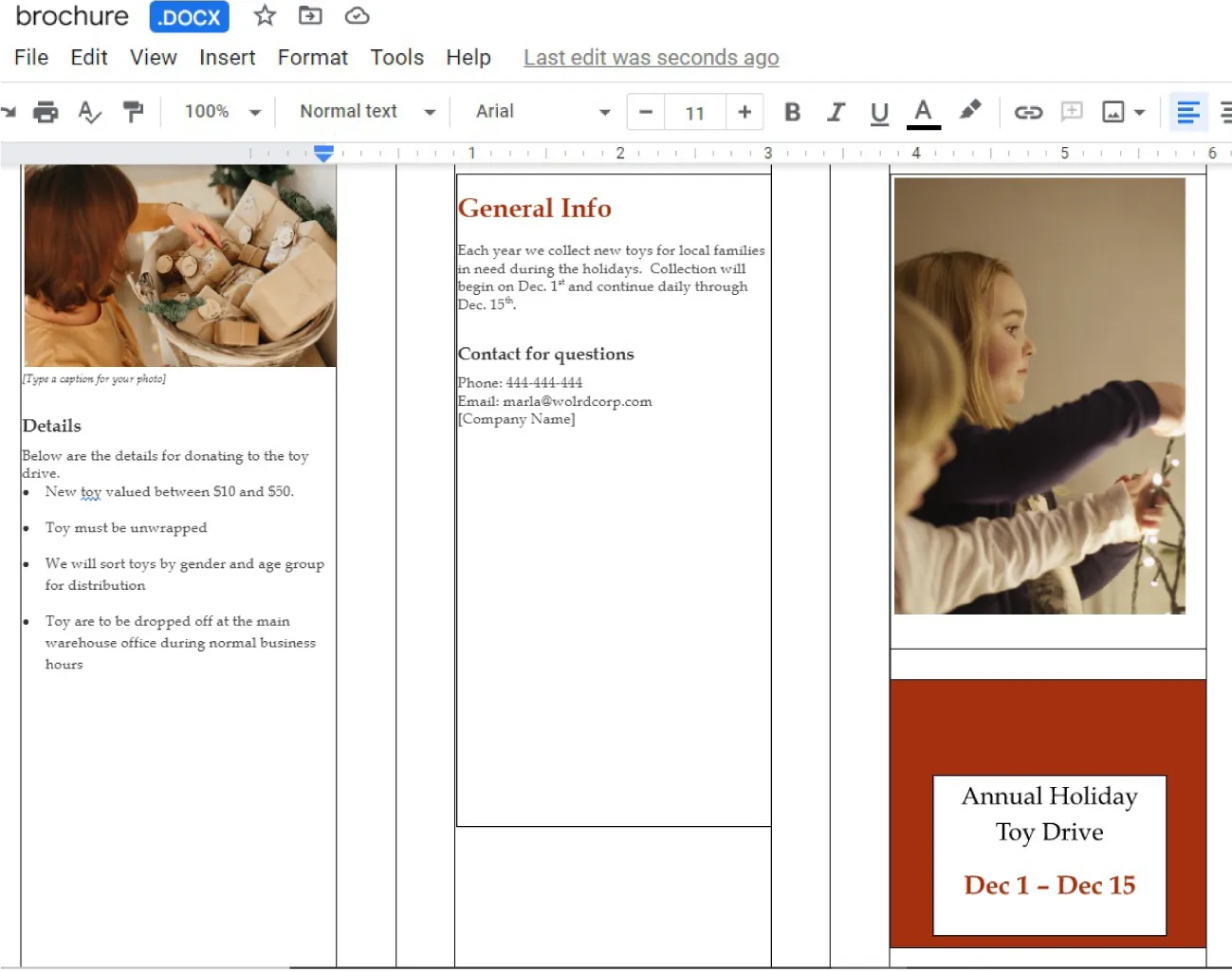A Docs window displays a brochure template in three columns with options for images, text, styles, colors, and fonts.