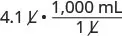 A mathematical expression showing the conversion of 4.1 liters to milliliters, written as 4.1 L multiplied by the fraction 1,000 mL divided by 1 L.