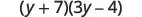 An algebraic expression showing the product of two binomials: (y + 7)(3y - 4). The expression is displayed in black text against a white background.