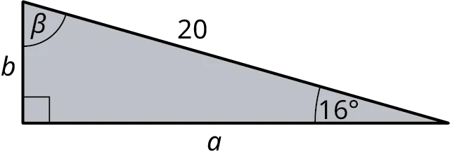 A right triangle. The legs are labeled b and a. The hypotenuse is labeled 20. The angles at the top, bottom-left, and bottom-right are labeled beta, 90 degrees, and 16 degrees.