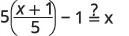 The image displays the equation 5((x+1)/5) - 1 =? x. Upon simplification, the 5s cancel out, resulting in (x+1) - 1, which equals x. Thus, the statement x = x is true, making the equation valid.