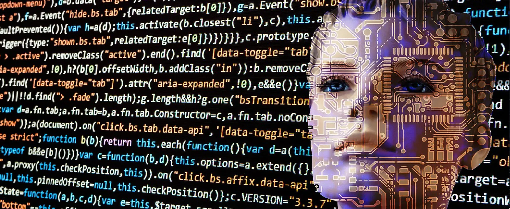 A woman's face intertwined with glowing circuit patterns, set against a backdrop of vibrant computer code, symbolizing the powerful fusion of artificial intelligence and human essence in the digital age.