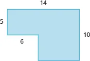 A blue geometric shape is shown. It looks like a horizontal rectangle attached to a vertical rectangle. The top is labeled as 14, the width of the horizontal rectangle is labeled as 5. The side is labeled as 10, the width of the missing space is labeled as 6.