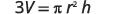 Mathematical equation showing a cone's volume formula: 3V = pi times r squared times h. V represents volume, r is the radius, and h is the height.