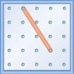 The figure shows a grid of evenly spaced pegs. There are 5 columns and 5 rows of pegs. A rubber band is stretched between the peg in column 2, row 1 and the peg in column 4, row 4, forming a line.