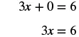 A mathematical equation shown in two steps: first, 3x + 0 = 6, and then simplified to 3x = 6. This illustrates the identity property of addition where adding zero does not change the value.