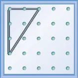 The figure shows a grid of evenly spaced pegs. There are 5 columns and 5 rows of pegs. A rubber band is stretched between the peg in column 1, row 1, the peg in column 1, row 4 and the peg in column 3, row 1, forming a right triangle. The 1, 1 peg forms the vertex of the 90 degree angle and the line from the 1, 4 peg to the 3, 1 peg forms the hypotenuse of the triangle.