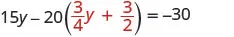 A mathematical equation is displayed: 15y - 20(3/4y + 3/2) = -30. The fractions 3/4 and 3/2 are highlighted in red.