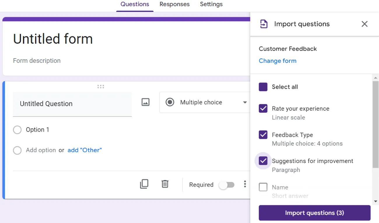 Import questions pane displays Customer Feedback form selected with options: Select all, Rate your experience (selected), Feedback type (selected), Suggestions for improvement (selected), Name. Import questions (3) button at bottom.