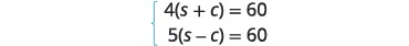A system of two linear equations is presented. The first equation is 4(s + c) = 60, and the second equation is 5(s - c) = 60. The equations are enclosed within a brace on the left.