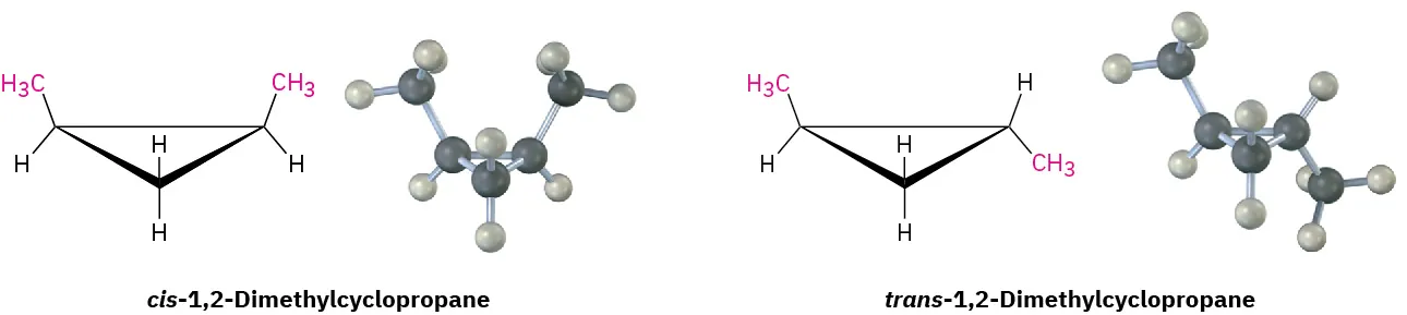 The chemical structures and ball and stick models of cis and trans-1,2-dimethylcyclopropane. Black and gray spheres represent carbon and hydrogen atoms, respectively.