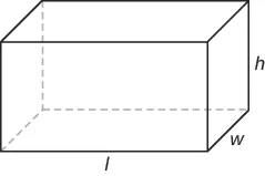 A 3D rectangular solid with its length, width, and height labeled l, w, and h, respectively.